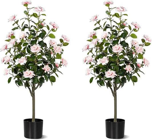 Artificial Camellia Tree 2 Pack, Artificial Plants Outdoor Faux Floral Plant in Cement Pot Fake Silk Camellia Tree Plants for Home House Living Room Office Decor