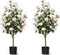 Artificial Camellia Tree 2 Pack, Artificial Plants Outdoor Faux Floral Plant in Cement Pot Fake Silk Camellia Tree Plants for Home House Living Room Office Decor