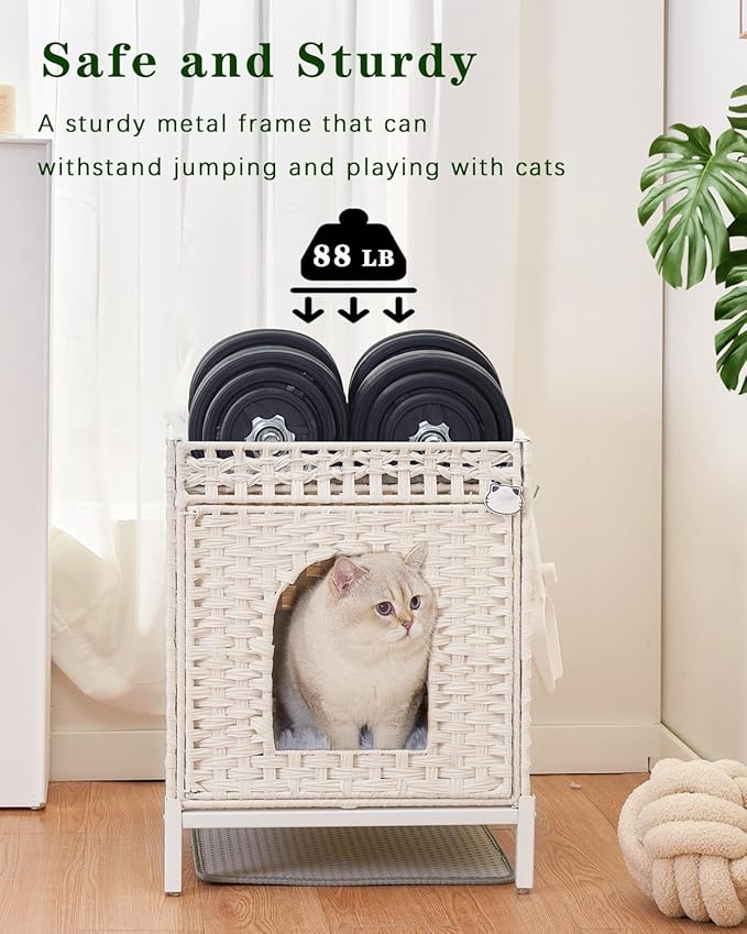 Cat Litter Box Enclosure Hidden Litter Box Furniture with Metal Heightened Feet, Rattan Handwoven Cat House with Litter Mat, Hidden Litter Box Furniture for Bedroom Living Room White-Mewly Pet