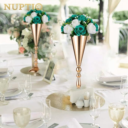 NUPTIO Flower Wedding Centrepieces for Tables - 10 Pcs 9.5in Diameter Teal & White Artificial Flowers Rose Ball for Centerpieces Table - Fake Rose Arrangements for Weddings Birthday Party Decorations