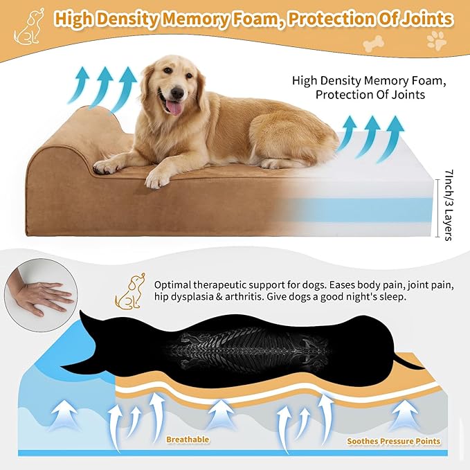 Orthopedic Dog Beds for Large Dogs, 7" Memory Foam Dog Beds with Waterproof Liner, Chew Proof Microsuede Cover, Removable and Washable, Nonskid Bottom, 48"x30" L Khaki-Mewly Pet