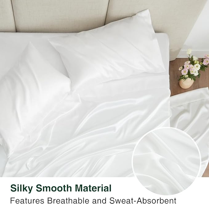 Love's cabin Twin XL Satin Sheet Sets - 3 Piece White Silky Bed Sheets with Deep Pockets, Luxury Silk Feel Satin Sheet Set Twin XL (1 Flat Sheet,1 Fitted Sheet,1 Pillow case)