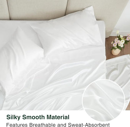 Love's cabin Full Size Satin Sheet Sets - 4 Piece White Silky Satin Sheet Set Full with Deep Pocket, Luxury Silk Feel Satin Bed Sheets Full Bedding Set (1 Flat Sheet,1 Fitted Sheet,2 Pillow Cases)