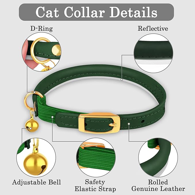 OOPSDOGGY Rolled Leather Cat Collar with Bell - Reflective Kitten Collar with Safety Elastic Strap - Adjustable Small Pet Collars for Boy Girl Cats (Green)-Mewly Pet