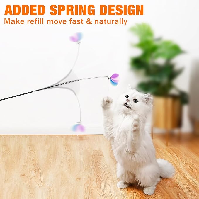 JXFUKAL 2025 Latest Cat Toys, 2 in 1 Spring Cat Wand Toy with 2PCS Ultra-Long Cat Teaser, 4PCS Spring Steel Wire & 5PCS Feather Refills for Kitty Kitten Indoor Cats Accessories-Mewly Pet
