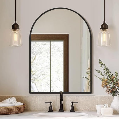 FICTOR Bathroom Vanity Mirror for Wall,40”x30” Large Arched Metal Framed Bathroom Mirror for Over Sink,Entryway, Living Room & Bedroom(Black)