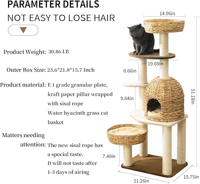 Large Wood Cat Tree Tower for Indoor Cats, Multi-Cats Scratching Post & Cat Condo with Handwoven Cat House Basket, Thick Sisal Posts, Modern Stable Cats Tower Furniture-Mewly Pet