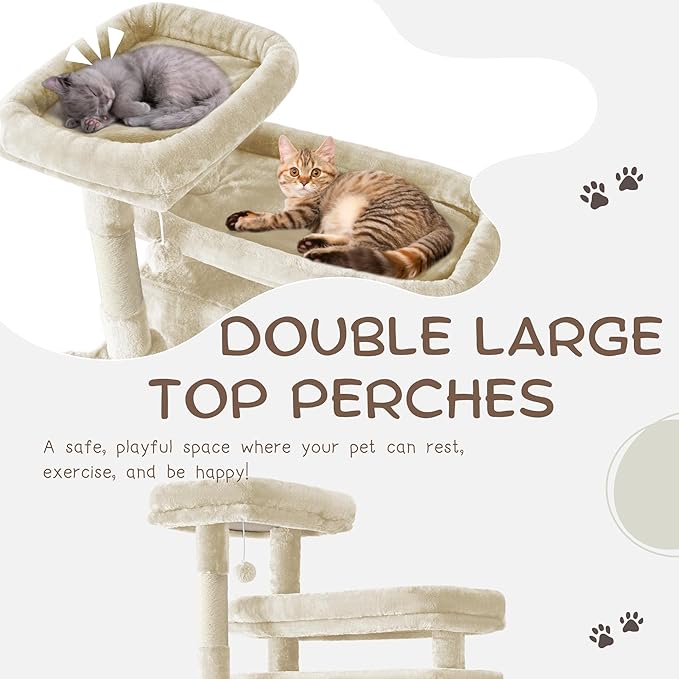 Cat Tree, 80-Inch Large Cat Tower with 9 Scratching Posts, 2 Perches, 2 Caves, 2 Basket, 2 Stairs, Extra Large Hammock, Pompoms, Multi-Level Plush Cat Condo for Indoor Cats/Beige-Mewly Pet