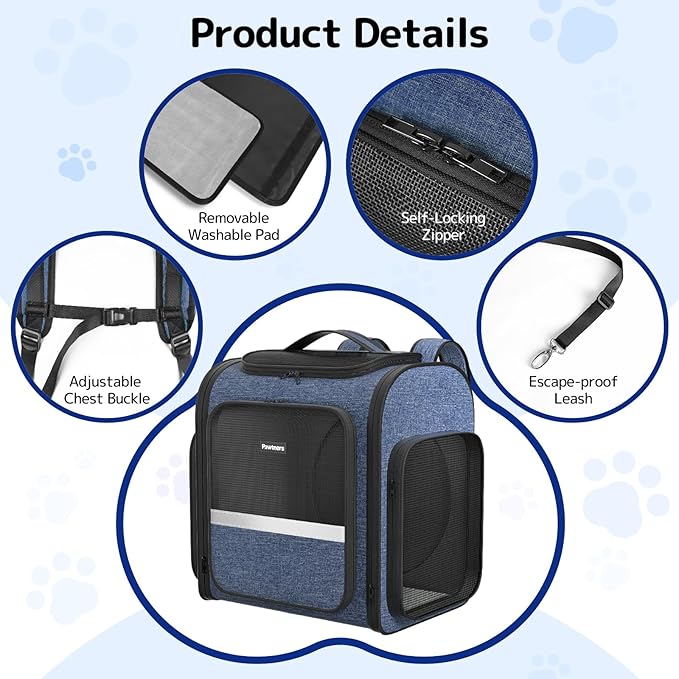 Pawtners Cat Carrier Backpacks Expandable Pet Backpack with Breathable Mesh, Pet Carrier Backpack for Cats Small Dogs Puppies Up to 18 Lbs, Dog Carrier Backpack for Travel Hiking Camping Outdoor Blue-Mewly Pet