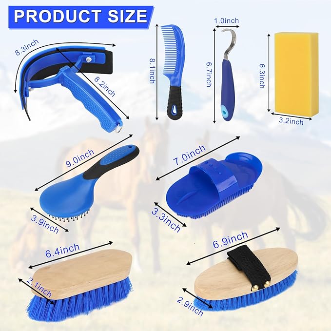 9 Pieces Grooming Kit with Tote Bag - Horse Brush Set, Sweat Scraper, Sponge, Hoof Pick, Curry Comb for Riders and Beginners (Blue)-Mewly Pet
