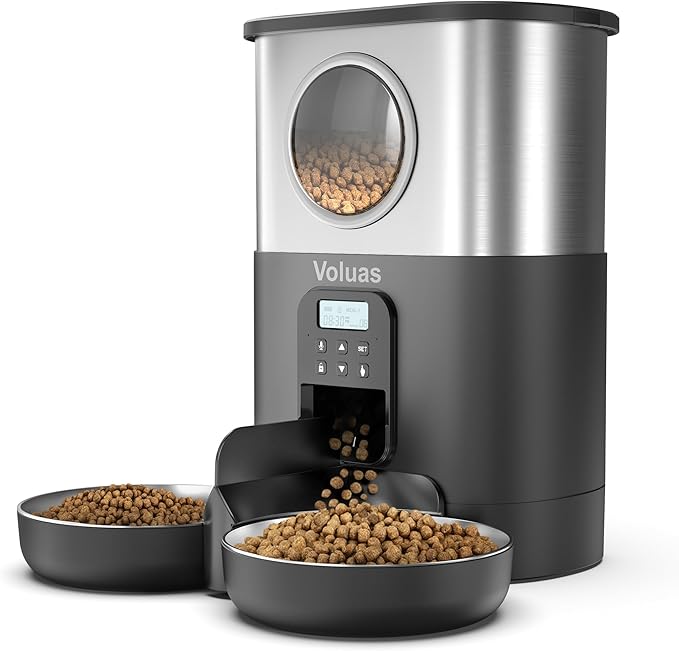 VOLUAS Automatic Cat Feeders for Two Cats,Stainless Steel 5L Pet Feeder for Cats and Dogs Timed Cat Feeder Pet Dry Food Dispenser, Silver Black-Mewly Pet