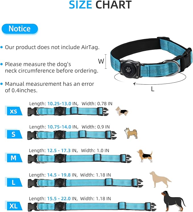 Upgraded AirTag Dog Collar, IP68 Waterproof Air Tag Dog Collar Holder, Reflective, Ultra-Durable, Comfortable Padded, Heavy Duty Dog Collars for Small Medium Large Dogs (XL (15.6"-22"), Blue)-Mewly Pet