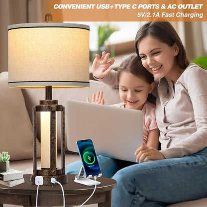 Farmhouse Industrial Lamp with USB A+C Charging Ports & AC Outlet, 26" Vintage Rustic Retro Table Lamp with Glass LED Night Light & Linen Fabric Shade for Living Room Bedrooms Single(2 Bulbs Included)