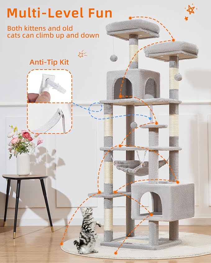 Taoqimiao Cat Tree, 68-Inch Cat Tree Cat Tower for Indoor Cats, Plush Multi-Level Cat Condo with 6 Scratching Posts, 2 Perches, 2 Caves,Hammock, 3 Pompoms,MS020SW Light Gray-Mewly Pet