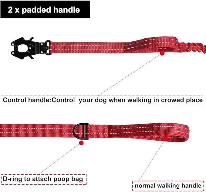 ICEFANG Tactical Dog Leash,K9 Training Walking Bungee Lead with 2 Control Handle,Heavy Duty Quick Release Metal Clasp,for Medium Large Breed (Reflective Red, 6 FT)-Mewly Pet