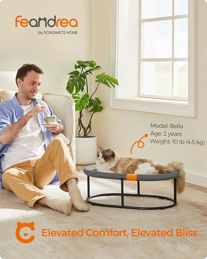 Feandrea Pet Bed, Cat Hammock, Elevated Cat Bed for Multiple Cats, with Removable Washable Mesh, for Pets up to 28 lb, Oval, Gray UPCB002G01-Mewly Pet