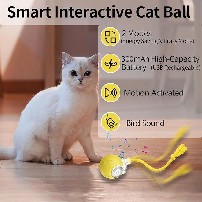 Interactive Cat Toys, Automatic Moving Cat Toys for Bored Indoor Adult Cats, Fast Rolling, Chirping & Motion-Activated Kitty Toys, Fun Gift for Cats with Speedy Tail 2.0, USB Rechargeable, Yellow-Mewly Pet