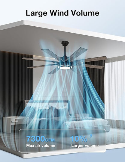 warmiplanet 62 Inch Indoor Ceiling Fans with Lights, 6 Speeds Slient Reversible DC Motor, 3 Color Dimmable LED Light, Timer, Black, 8 Blades