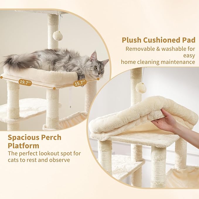 Heybly Heavy Duty Cat Tree, 71-Inch Tall Tower for Large Maine Coon with Extra-Large Baseboard, Cat Condo Furniture with Multi-Level Platforms, 2 Hammocks and 12 Scratching Posts, Beige HCT037M-Mewly Pet