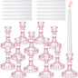 Suclain 24 Pcs Glass Taper Candle Holder Sets 12 Candlestick Holder with 12 White Long Candles for Wedding Party Decor Dinner Decoration(Pink)