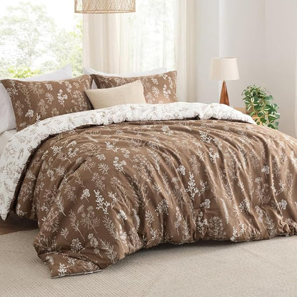 Bedsure King Comforter Set - Brown Bed Set, 3 Pieces Cute Floral Bedding, 1 Soft Reversible Botanical Flowers Comforter and 2 Pillow Shams
