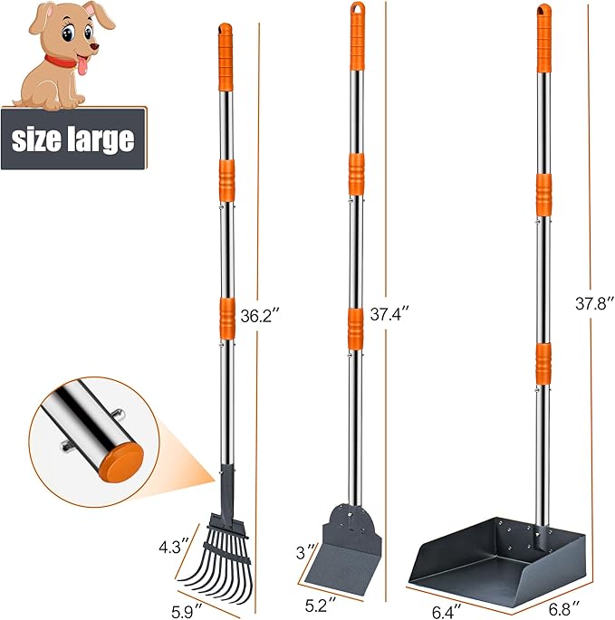 Niubya Pooper Scooper for Dogs, Metal Poop Scooper Tray Spade and Rake Set, Poop Scoop with Adjustable Long Handle, Dog Pooper Scooper for Pet Waste Removal-Mewly Pet