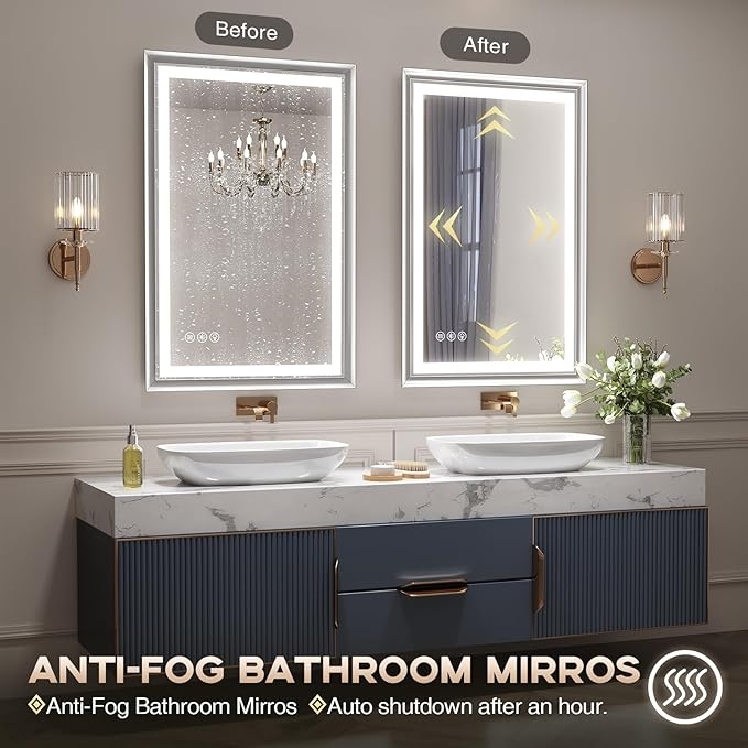 LED Bathroom Mirror, 24“x32“ Lighted Bathroom Mirror with Metal Framed, Extremely Bright LED Mirror for Bathroom, 3 Colors Dimmable, Anti-Fog, Memory, Wall Mounted Lighted Vanity Mirror