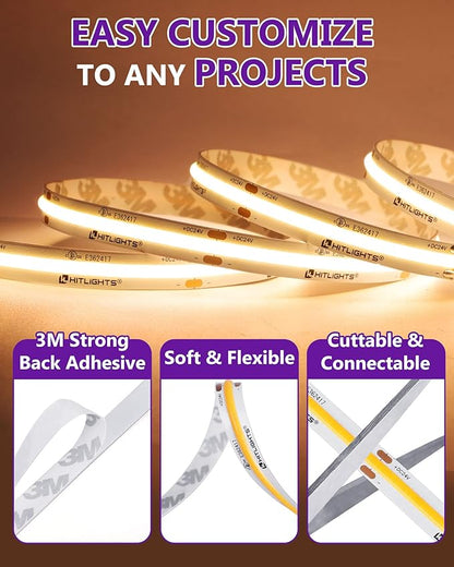 HitLights COB LED Strip Lights Warm White 3000K, 32.8ft Premium High Density 24V Tape Light, 5120 LEDs, 350+ LM/FT, CRI 90+, IP30, Lighting for Kitchen, Cabinets, UL Listed (Power Source Not Included)