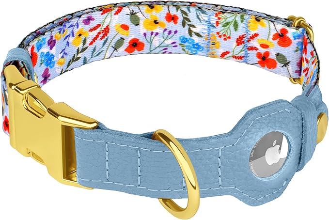 AirTag Dog Collar for Small Medium Large Breed - Adjustable Cute Pattern Dog Collar with Airtag Holder - Soft Leather Tracker GPS Apple Air Tag Pet Collars (Medium, 14"-18" Neck Fit, Floral)-Mewly Pet