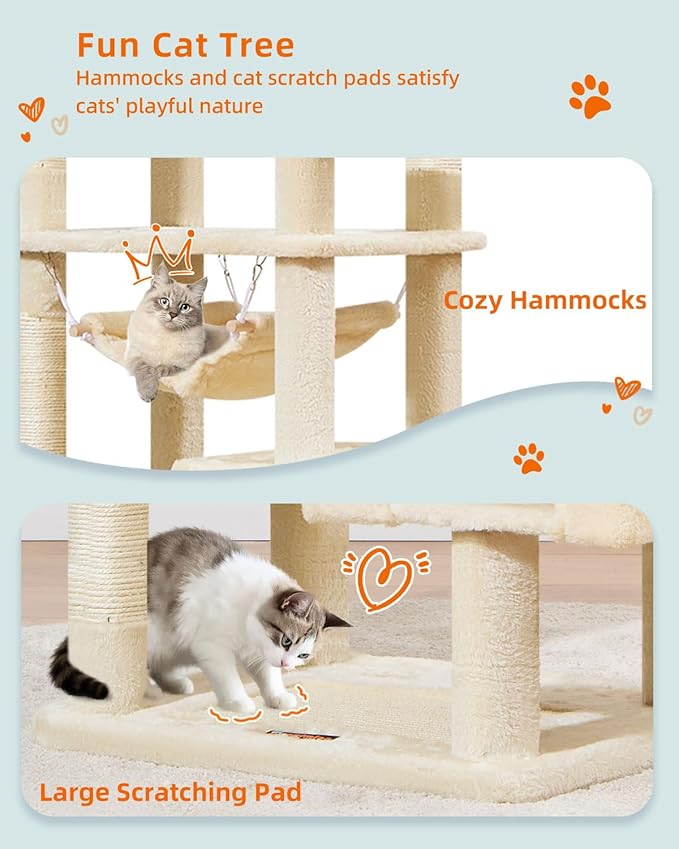 Taoqimiao Cat Tree, 68-Inch Cat Tree Cat Tower for Indoor Cats, Plush Multi-Level Cat Condo with 6 Scratching Posts, 2 Perches, 2 Caves,Hammock, 3 Pompoms,MS020SM Beige-Mewly Pet