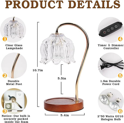 White Clear Candle Warmer Lamp with Timer Dimmer, Flower Candle lamp Warmer, 2 Bulbs, Wax Melter Warmer for Jar Scented Candles, Christmas Birthday Gifts Ideas for Women Mom