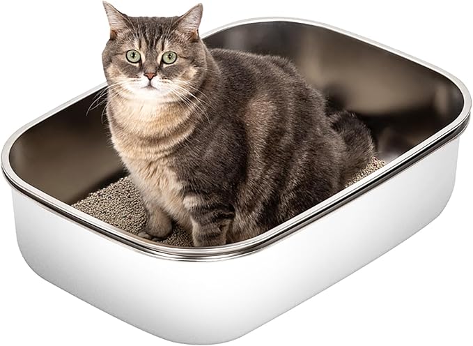 Stainless Steel Sifting Litter Box with Lid, Metal Litter Pan with Scoop for Big Cats Multi Cat, Extra Large Cats Litterbox Odor Control, Easy Clean (23*16.5*16.5inch-with Enclosure, X-Large)-Mewly Pet