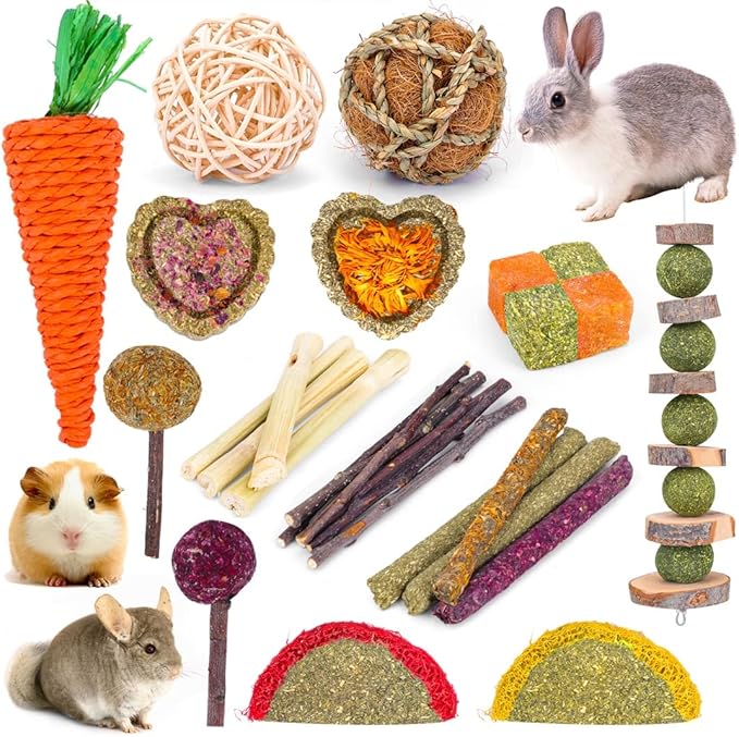 VESPRO Bunny Teys for Rabbits Hamster/Guinea Pig Toys Natural Timothy Hay Sticks chew Treats and Balls for Rabbit, Bunny, chinehila, Guirea Pig, Hamster, Bunny Teeth Care-Mewly Pet