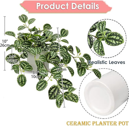 Fake Hanging Plants, 20 Inch Artificial Ivy Plant in Ceramic Pot Faux Watermelon Peperomia Trailing Vine Plant Potted for Home Bedroom Office Table Shef Desk Indoor Outdoor Decor Green