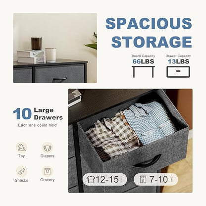 DUMOS Dresser for Bedroom, 10 Storage Drawers, Wide Fabric Closet Chests Organizer Tower Furniture with Wooden Top Metal Frame for Clothes, Guest Room, Living Room, Hallway, Entryway