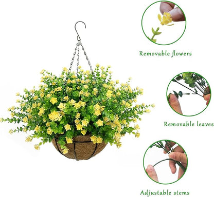 Artificial Hanging Flowers Basket, 12 UV-Resistant Bundles of Realistic Fake Flowers, Faux Plants for Outdoor Decor, Home, Garden, Porch, Patio, Spring & Summer Decorations, Yellow