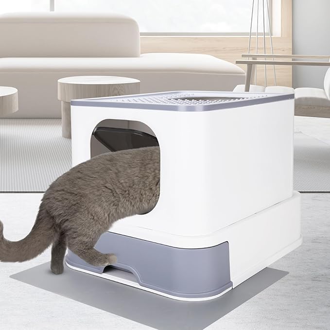 RIZZARI Cat Litter Box Stainless Steel Top-Entry : Leak-Proof Enclosed Design Reduces Odor, for Indoor Cats & Owners (White)-Mewly Pet