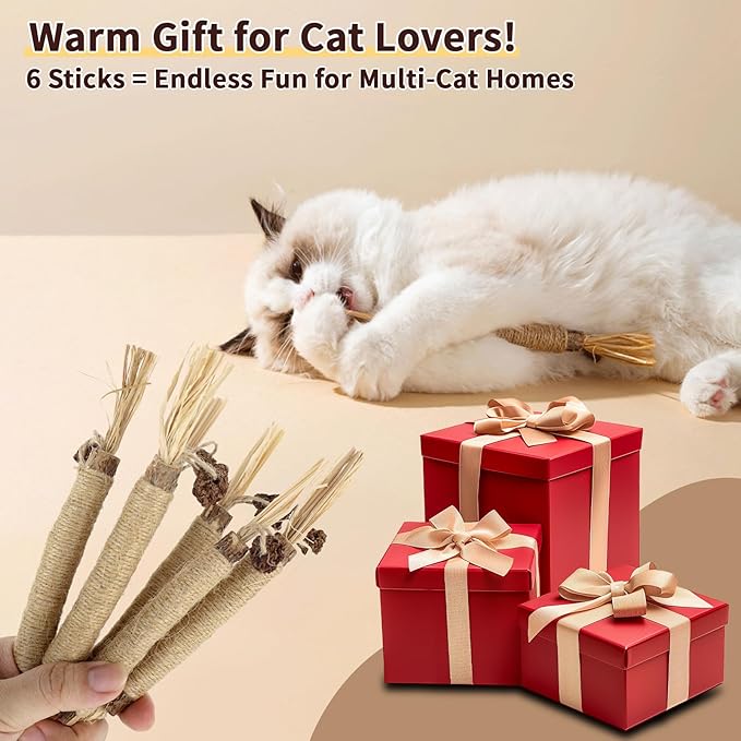 6 Pack Silvervine Cat Chew Toys, Natural Dental Sticks for Indoor Cats, Kittens Teeth Cleaning, Catnip Alternative, Interactive Play, Yellow-Mewly Pet