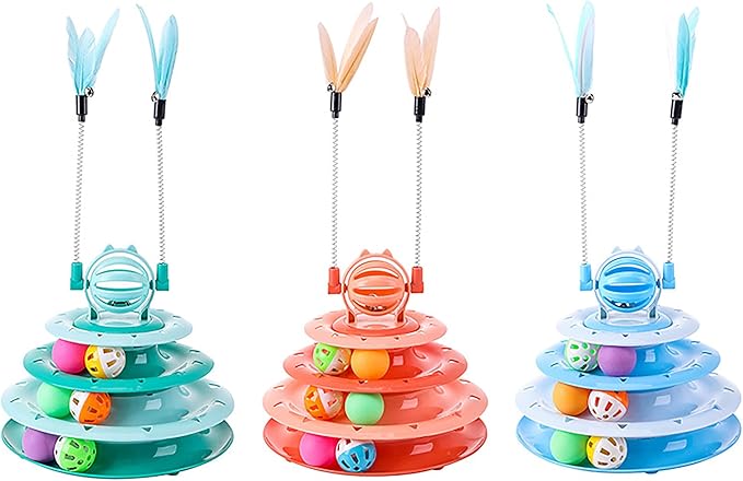 Vealind Cat Toy Roller 4-Level Turntable Cat Toys Balls with Colorful Pom Pom Balls Interactive Fun Mental Physical Exercise Puzzle Kitten Toys (Green)-Mewly Pet