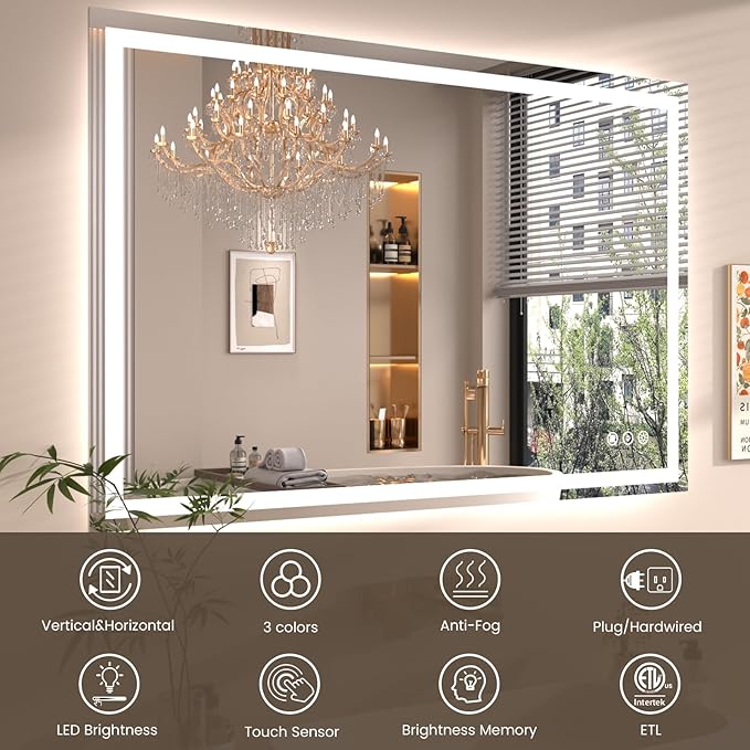 48"X30" LED Bathroom Mirror with Front Lights and Backlit, Anti-Fog, Dimmable, Shatter-Proof Tempered Glass, Lighted Bathroom Vanity Mirror for Wall with 3 Colors, Memory Function