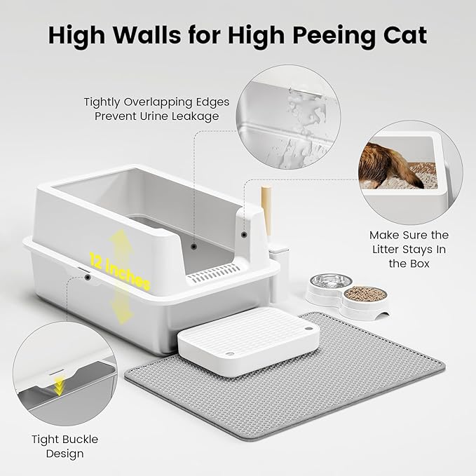 Stainless Steel Cat Litter Box - Enclosed XL Metal Kitty Litter Box with Lid for Big Cats, High Sided, Anti-Leakage, Easy Cleaning, Non-Sticky, Included Litter Mat, Cat Bowl & Spoon-Mewly Pet