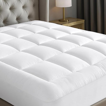 Cloud-Like Queen Mattress Topper - 100% Cotton Top Mattress Pad for Back Pain Relief - Breathable & Naturally Cooling for Hot Sleepers, White
