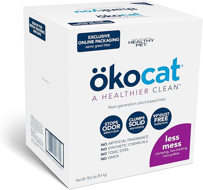 ökocat Less Mess Low Tracking Wood Clumping Cat Litter Mini- Pellets, Unscented, 18.6 pounds - Natural Ingredients, Stops Odor, Clumps Solid, 99% Dust Free, Great for Long-Hair Breeds-Mewly Pet