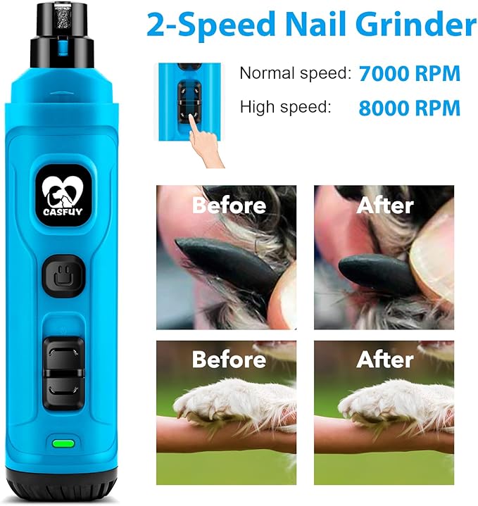 Casfuy Dog Nail Grinder with 2 LED Light - New Version 2-Speed Powerful Electric Pet Nail Trimmer Professional Quiet Painless Paws Grooming & Smoothing for Small Medium Large Dogs(Bright Blue)-Mewly Pet