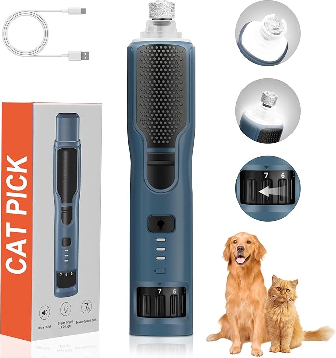 Dog Nail Grinder 7-Speed & 360° LED Light, Professional Pet Nail Grinder for Dogs and Cats, Electric Dog Nail Trimmer Painless Paws Grooming & Smoothing Tool for Large Medium Small Dogs Cats Pets-Mewly Pet