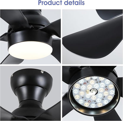 Ceiling Fans with Lights and Remote/APP Control, 30 inch Low Profile Ceiling Fans with Dimmable White Colors and RGB Lighting, 6 Speeds 5 Curved Blades for Kids Room Bedroom Bar, Black