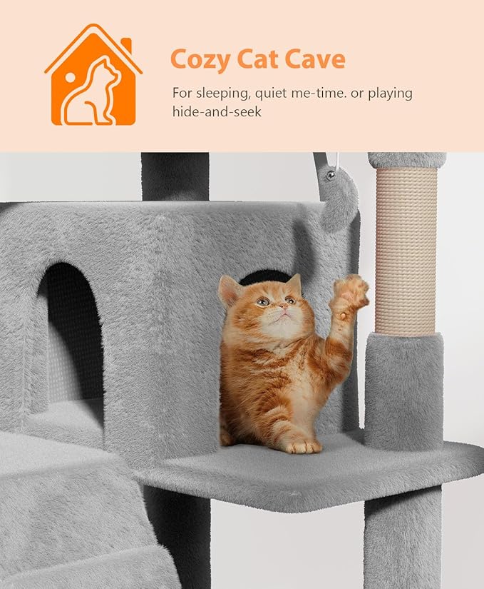 60'' Cat tree Tower for Indoor Cats Large Adult,Cute/Tall Modern Cat Tree for Big Cats 20 lbs,Plush Multi-Level Cat Condo with Scratching Posts,Dangling Ball for fun play(Light Gray, 60 inch)-Mewly Pet