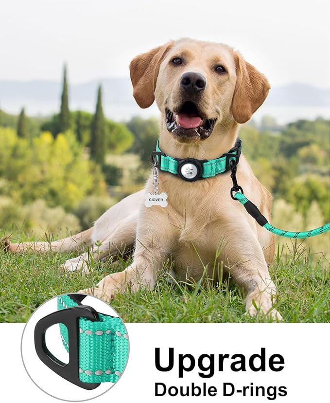 TagME Airtag Dog Collar,Waterproof Reflective Pet Collar with Airtag Holder,Soft Padded and Double D-Rings for Large Dogs,Turquoise-Mewly Pet