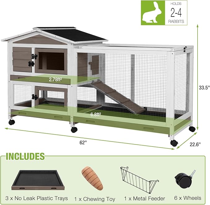 GUTINNEEN Rabbit Cage Indoor Bunny Hutch with Chew-Proof Ramp - 2 Story Guinea Pig Cages Outdoor with 6 Wheels, Leakproof Pull-Out Tray for Rabbits, Guinea Pigs (Brown)-Mewly Pet