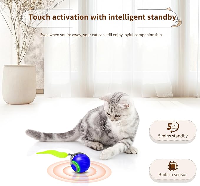 Speedy Tail 2.0 Interactive Cat Toy – Smart Self-Rolling Cat Ball with Feather Tail, Automatic Moving Motorized Toy for Indoor Cats, Chasing & Hunting Fun (Blue)-Mewly Pet